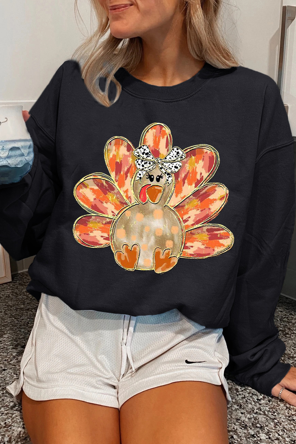 Black Thanksgiving Turkey Graphic Drop Shoulder Sweatshirt