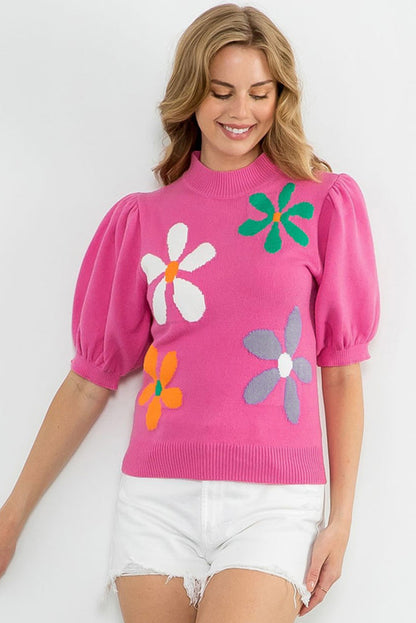 Floral Bubble Short Sleeve Sweater | Bright Pink