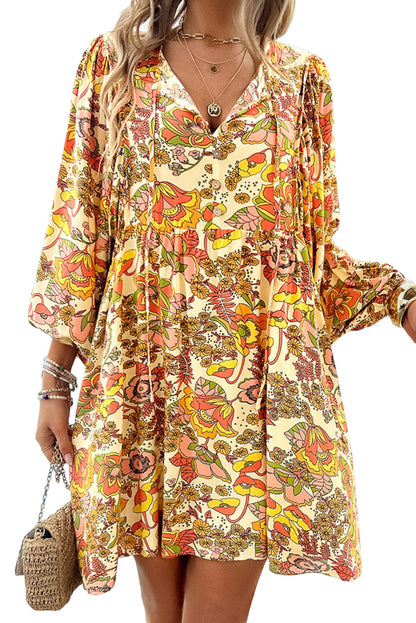 Floral Print V Neck Puff Sleeve Mini Dress | Yellow Cream