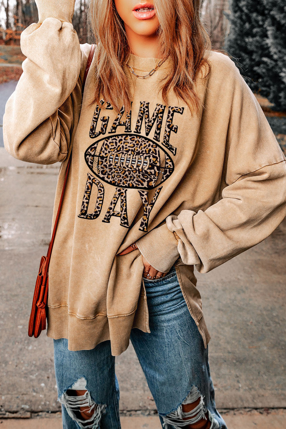 Loose Leopard Rugby Football Game Day Graphic Sweatshirt | Khaki