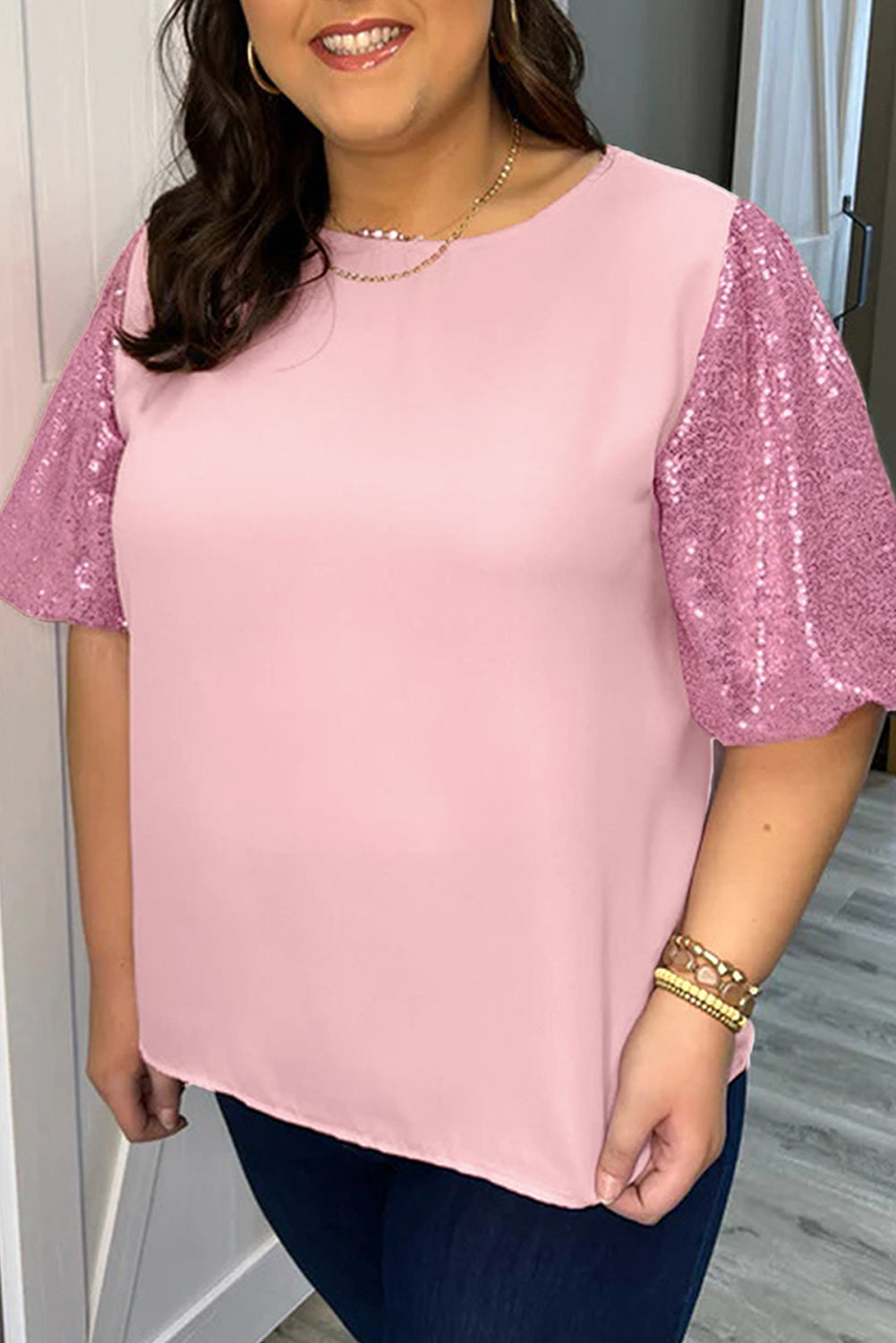 Contrast Sequin Bubble Sleeve Plus Size T-Shirt | Pink