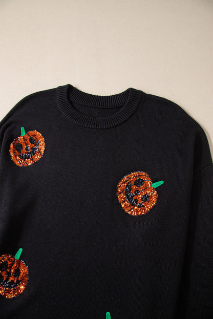 Plus Size Halloween Sequined Pumpkin Pattern Sweater | Black