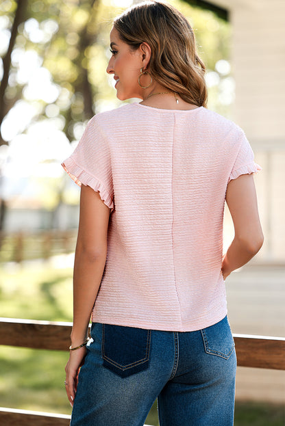 Solid Textured Ruffled Short Sleeve Blouse | Light Pink