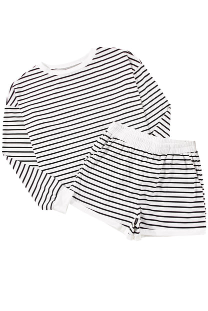 Textured 3/4 Sleeve Top And Shorts Set | Black Stripe