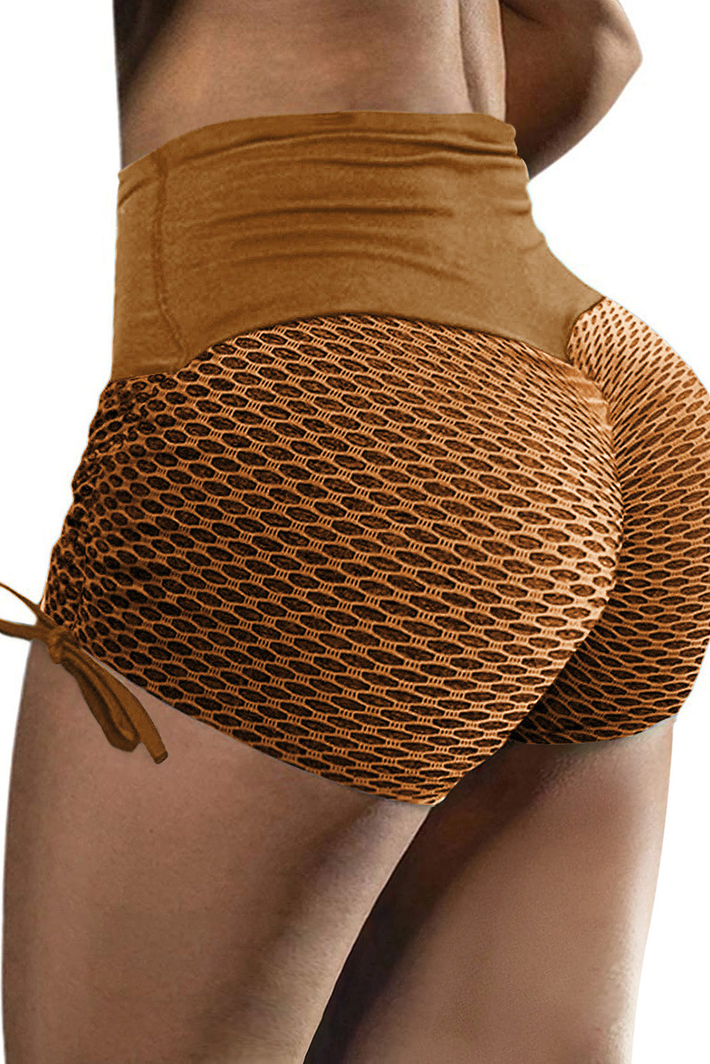 Side Drawstring Anti Cellulite High Waist Scrunch Butt Lift Shorts | Brown