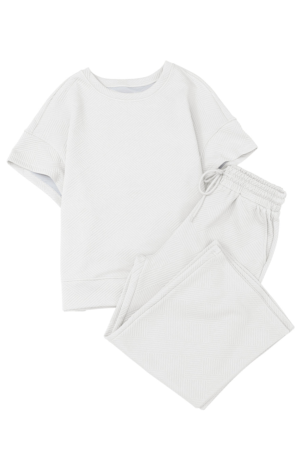 White Textured Loose Fit T Shirt And Drawstring Pants Set | Bright White