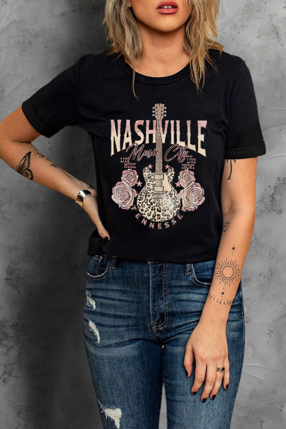 Nashville Music City Leopard Guitar Graphic T Shirt | Black