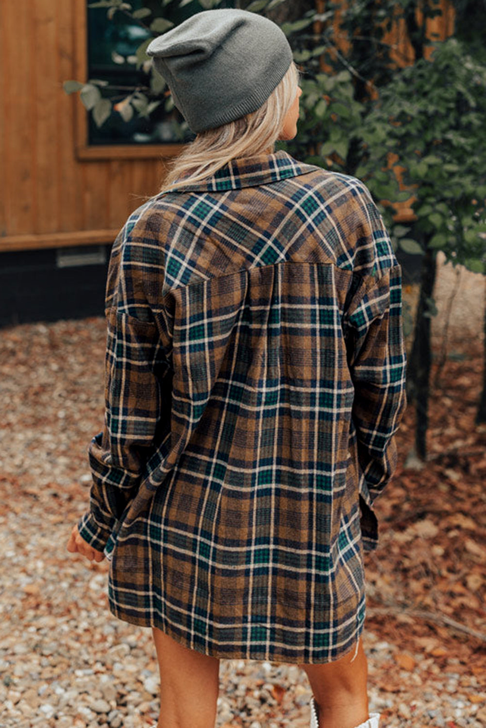 Plaid Print Chest Pockets Buttoned Shirt Jacket | Brown