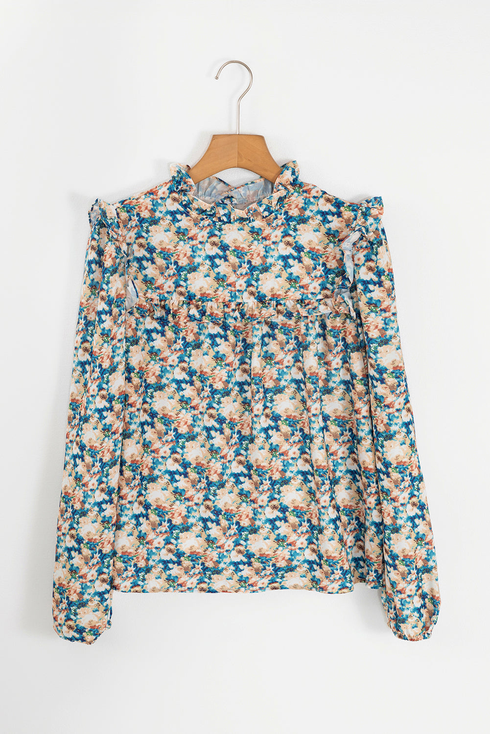 Floral Print Frilled Mock Neck Puff Sleeve Blouse | Sky Blue