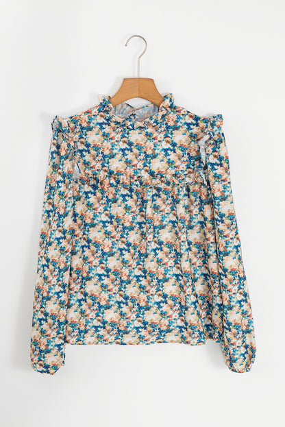 Floral Print Frilled Mock Neck Puff Sleeve Blouse | Sky Blue