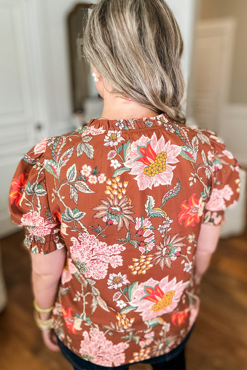 Floral Stitched V Neck Frilled Trim Puff Short Sleeve Blouse | Brown