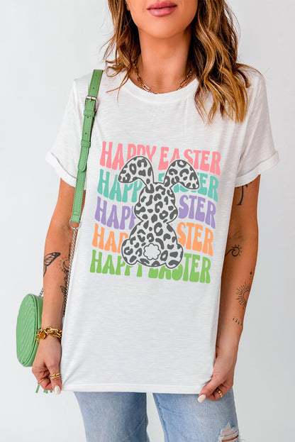 Happy Easter Rabbit Print Crew Neck T Shirt | White