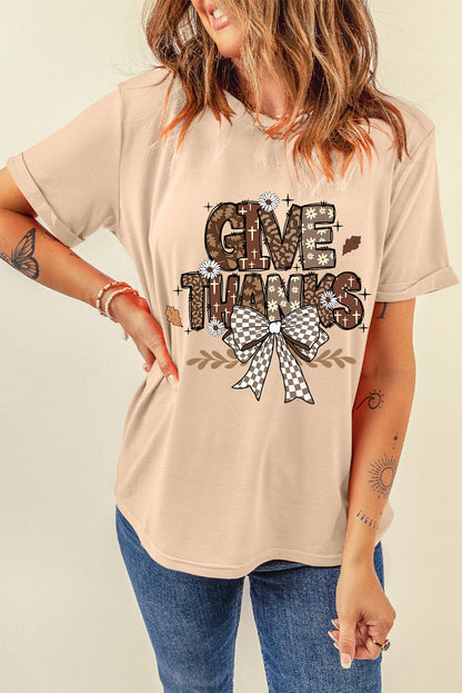 Give Thanks Bowknot Printed Crewneck T Shirt | Khaki