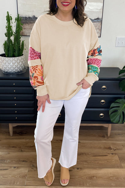 Plus Size Printed Patchwork Sleeve Split Sweatshirt | Beige