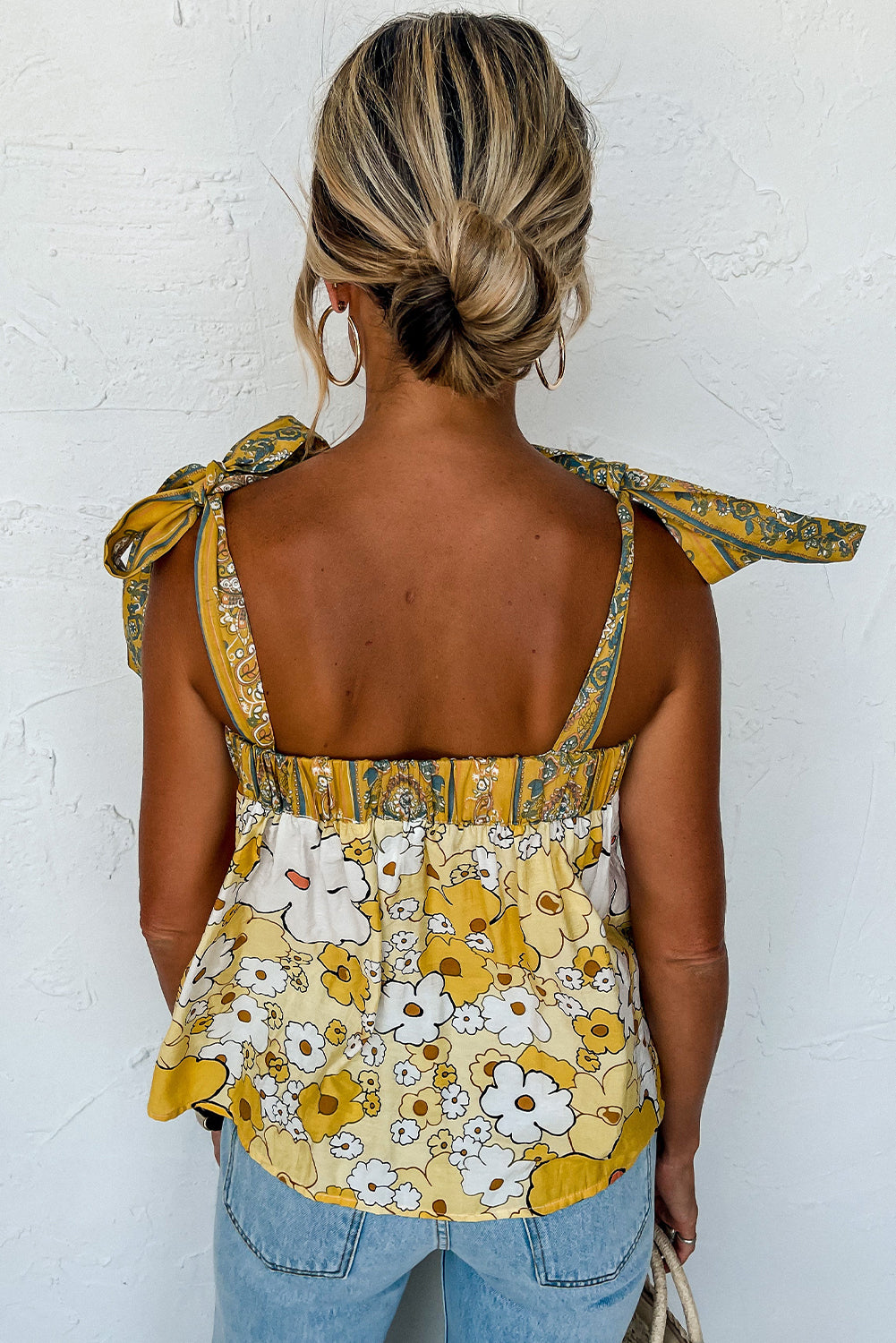 Floral Patchwork Tied Straps Buttoned Tank Top | Yellow