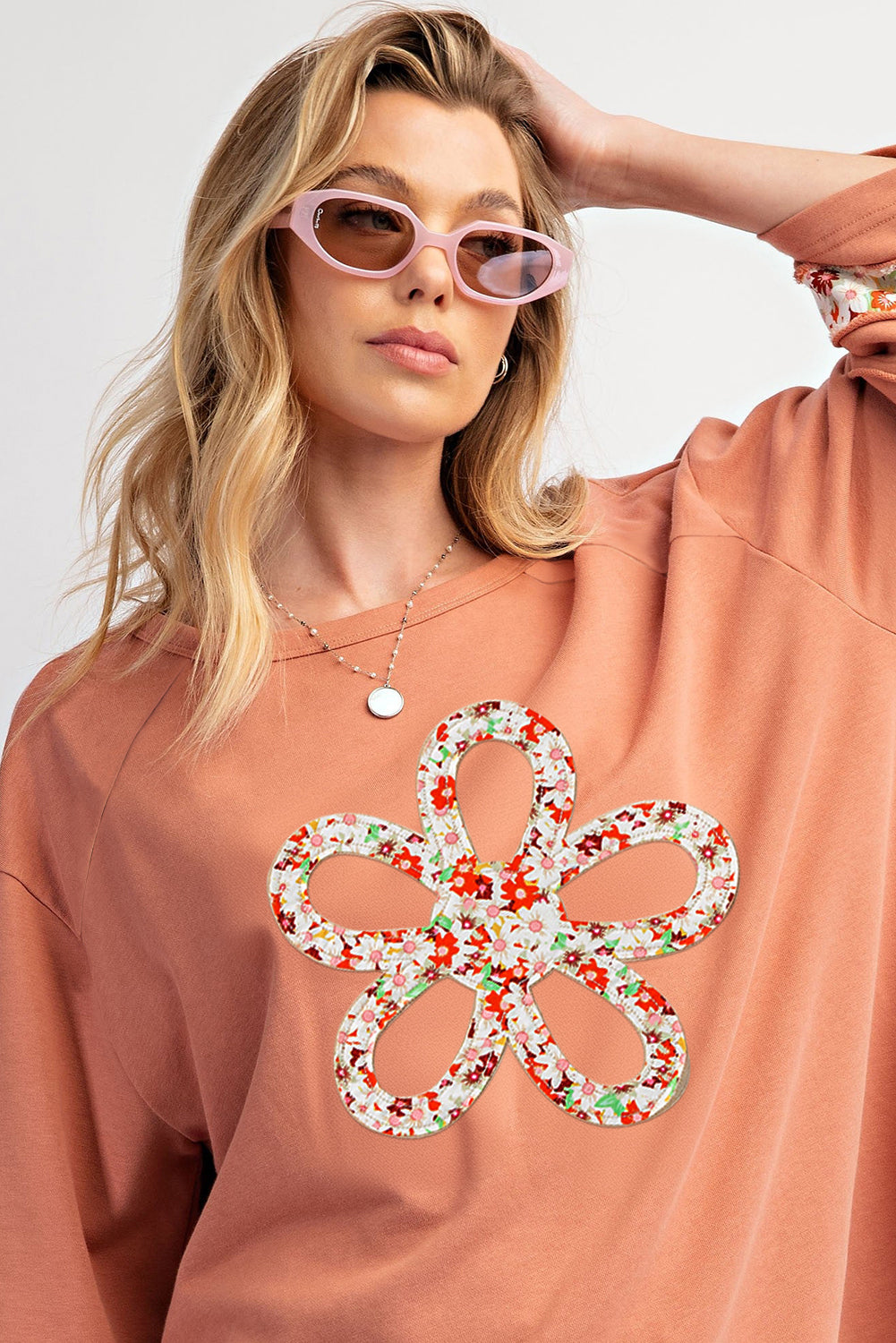 Flower Patch Graphic Exposed Seam Wide Sleeve Top | Grapefruit Orange