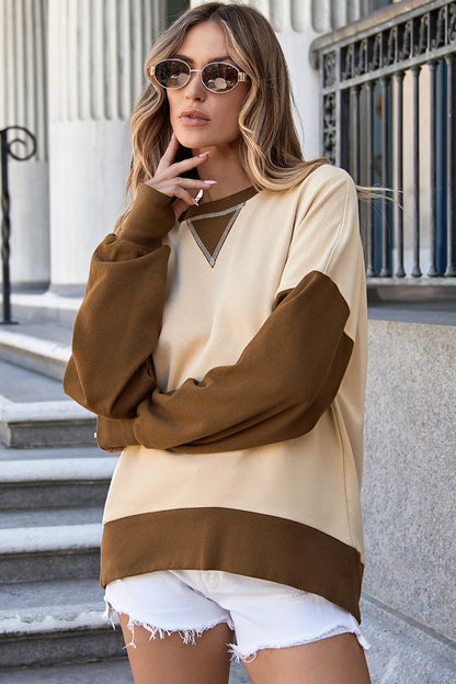 Colour Block Thumbhole Sleeve Drop Shoulder Sweatshirt | Apricot