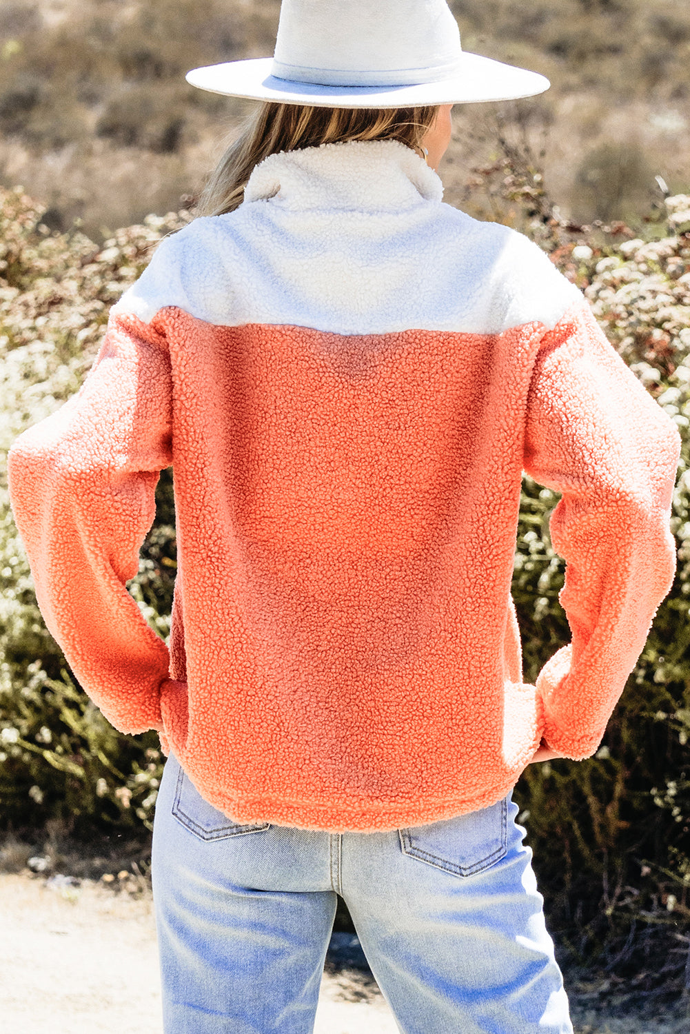 Colourblock Half Zipper Stand Neck Sherpa Sweatshirt | Orange