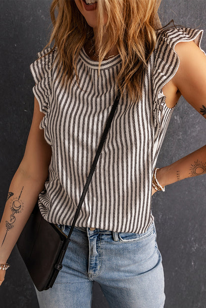 Crew Neck Ruffled Striped Tank Top | Gray