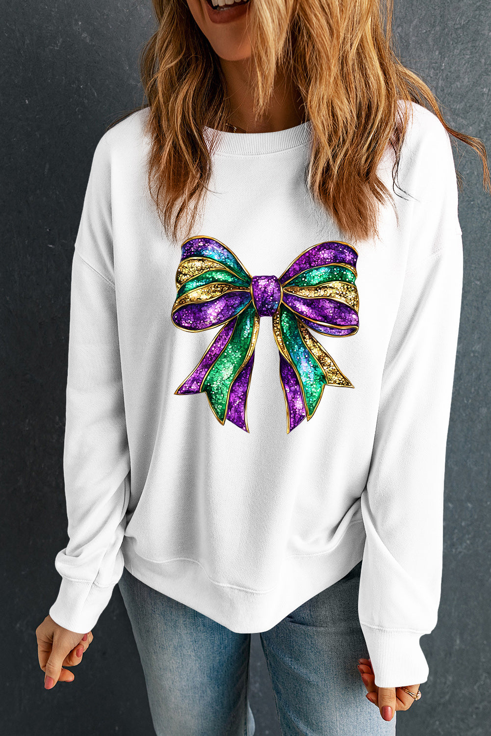 Mardi Gras Bow Graphic Drop Shoulder Sweatshirt | White