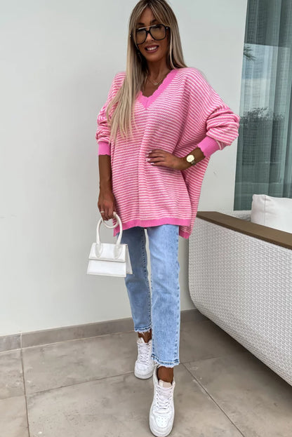 Striped Scallop V Neck Loose Sweater With Slits | Pink