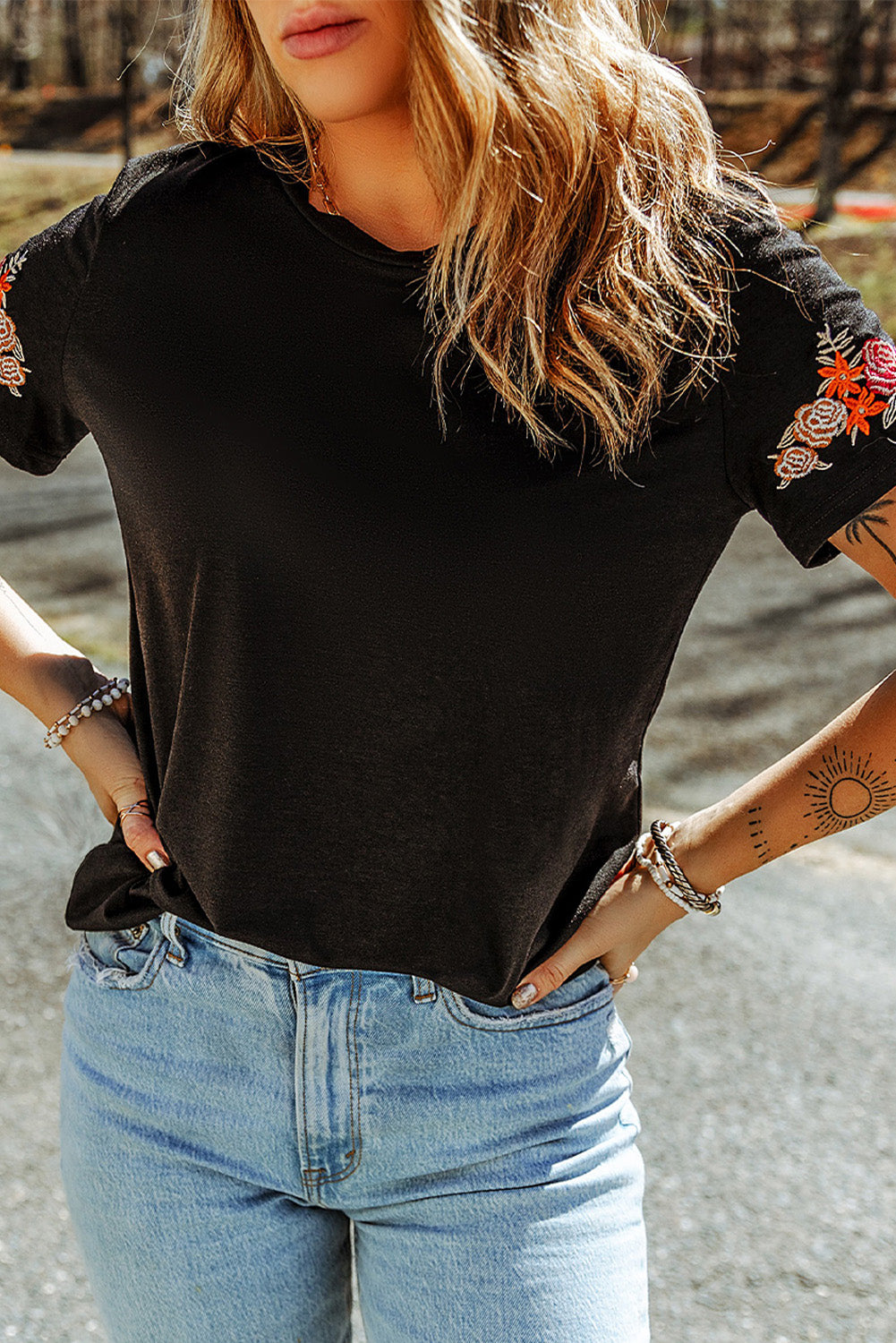 Floral Embroidered Round Neck Short Sleeve T Shirt | Black