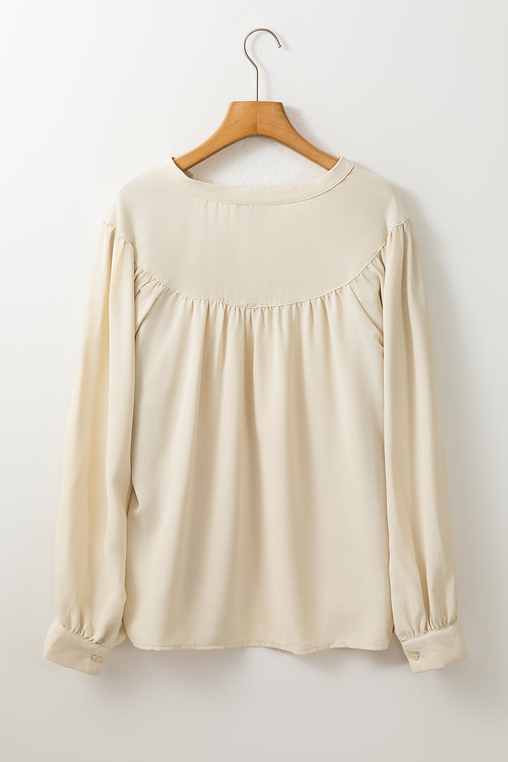 Solid Colour Lantern Sleeve Notched V Neck Blouse | White