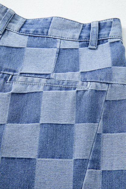 Checkered Denim Wide Leg Jeans | Dusk Blue