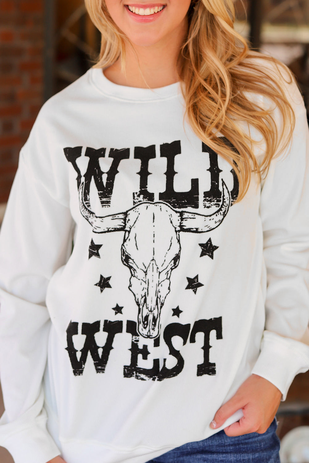 Wild West Steer Skull Graphic Ribbed Sweatshirt | White