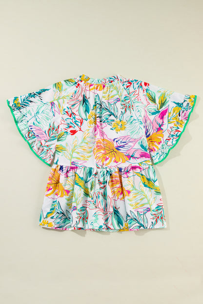 Tropical Floral Print Ruffled Short Sleeve Blouse | White