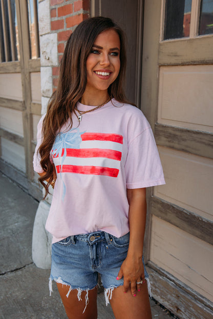 Flag Bow Graphic Crewneck Tee | Light Pink