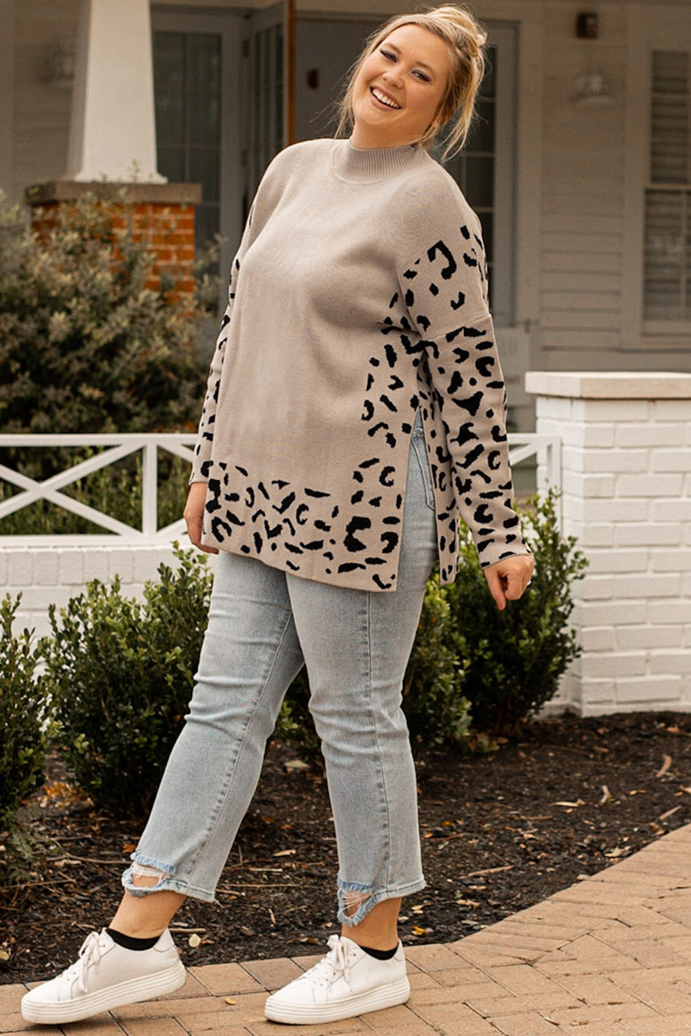 Plus Size Leopard Patchwork High Neck Sweater | Khaki