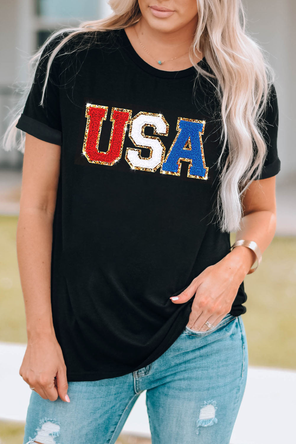 Glitter Trim Chenille Usa Graphic T Shirt | Black