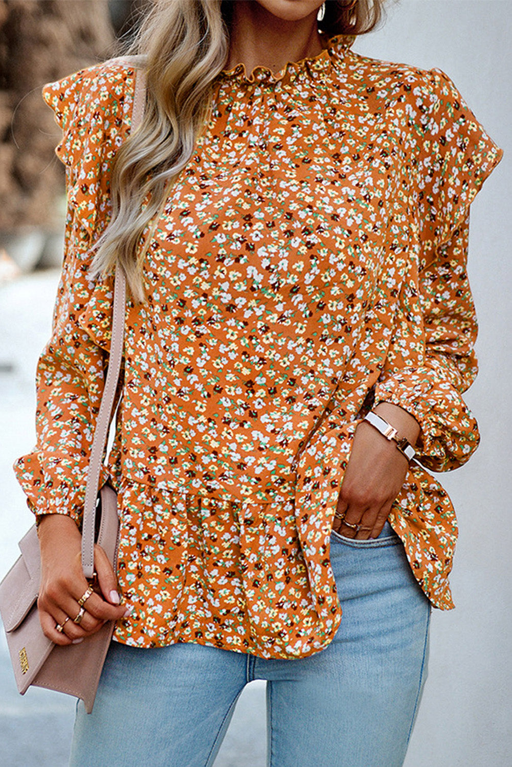 Orange Ruffle Collar Long Sleeve Peplum Top