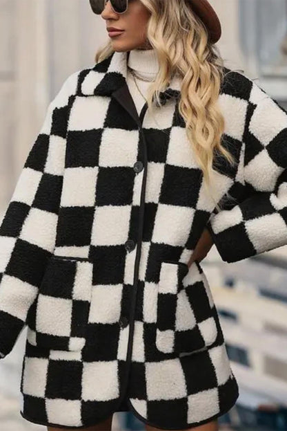 Checkered Side Pockets Collared Buttoned Fleece Jacket | Black