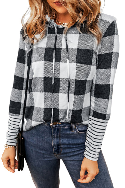 Plaid Striped Patchwork Drawstring Hoodie | Multicolour