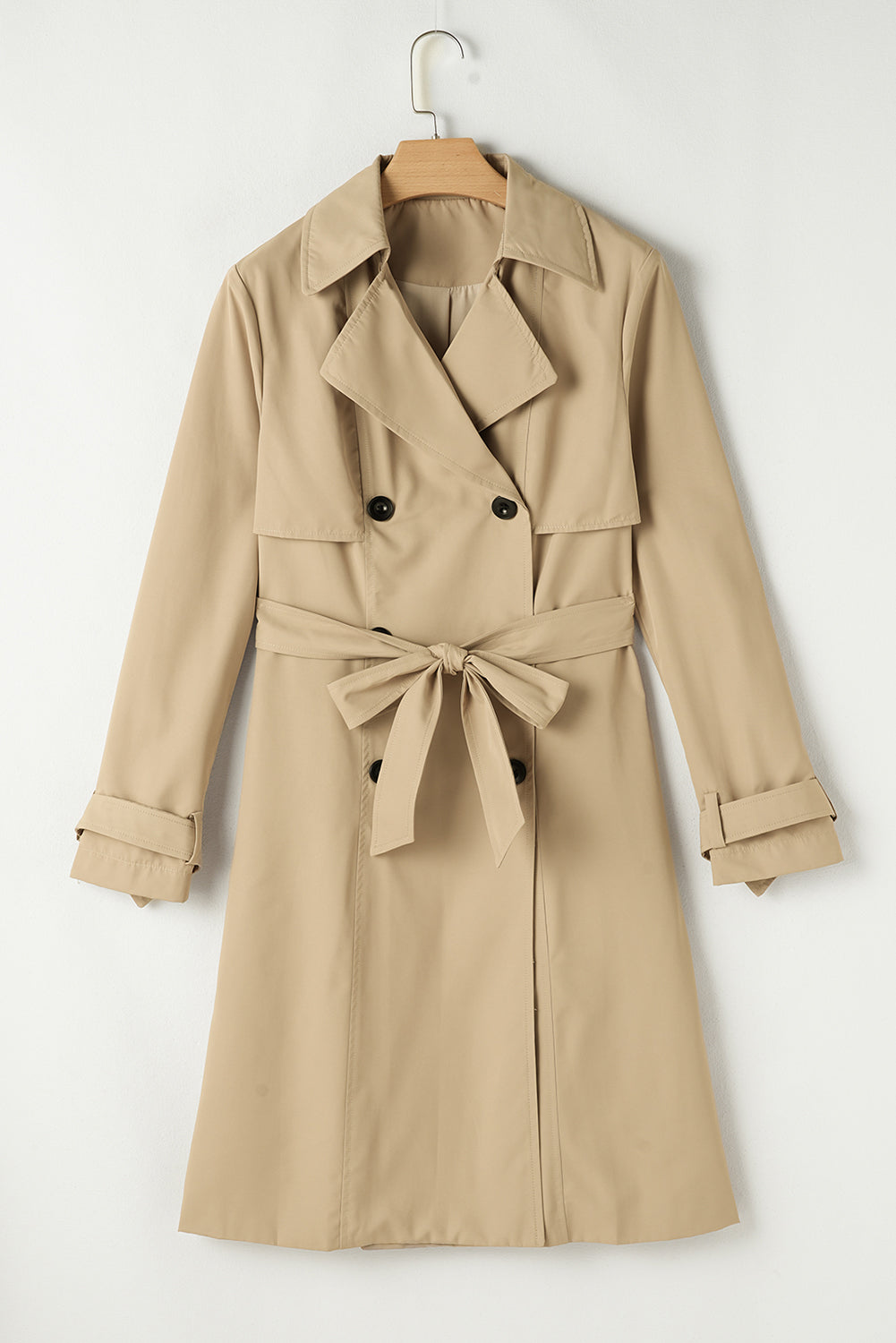 Solid Colour Lapel Collar Waist Tie Wind Coat | Pale Khaki