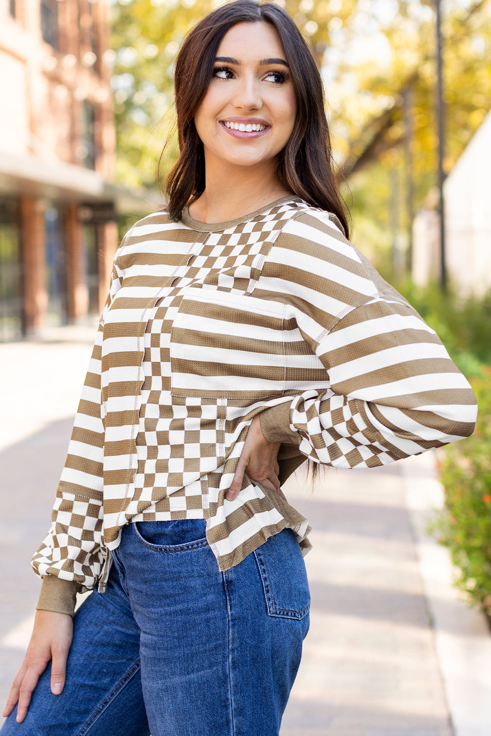 Checkerboard Striped Patchwork Lantern Sleeve Pocketed Blouse | Khaki