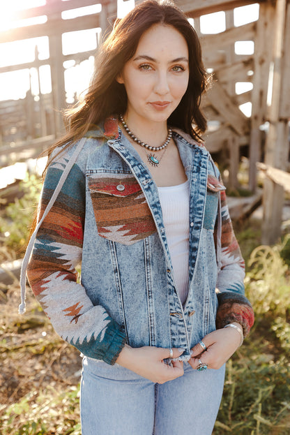 Aztec Print Frayed Hem Denim Jacket | Multicolour