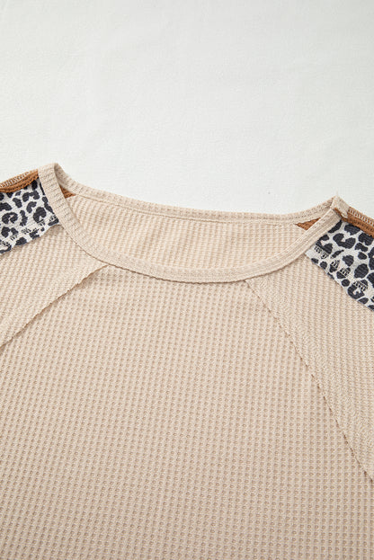 Waffle Leopard Print Colourblock Puff Sleeve Top | Beige