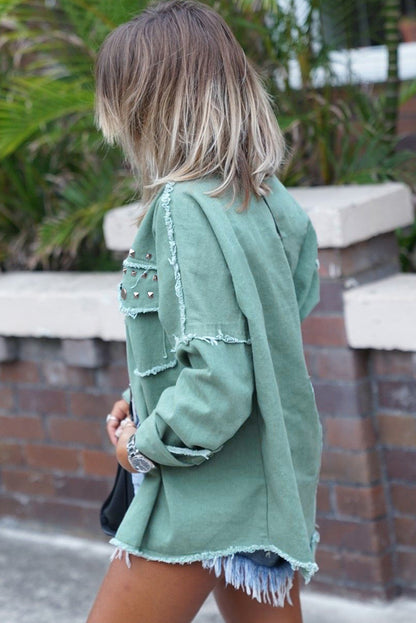 Frayed Trim Riveted Denim Jacket | Mist Green