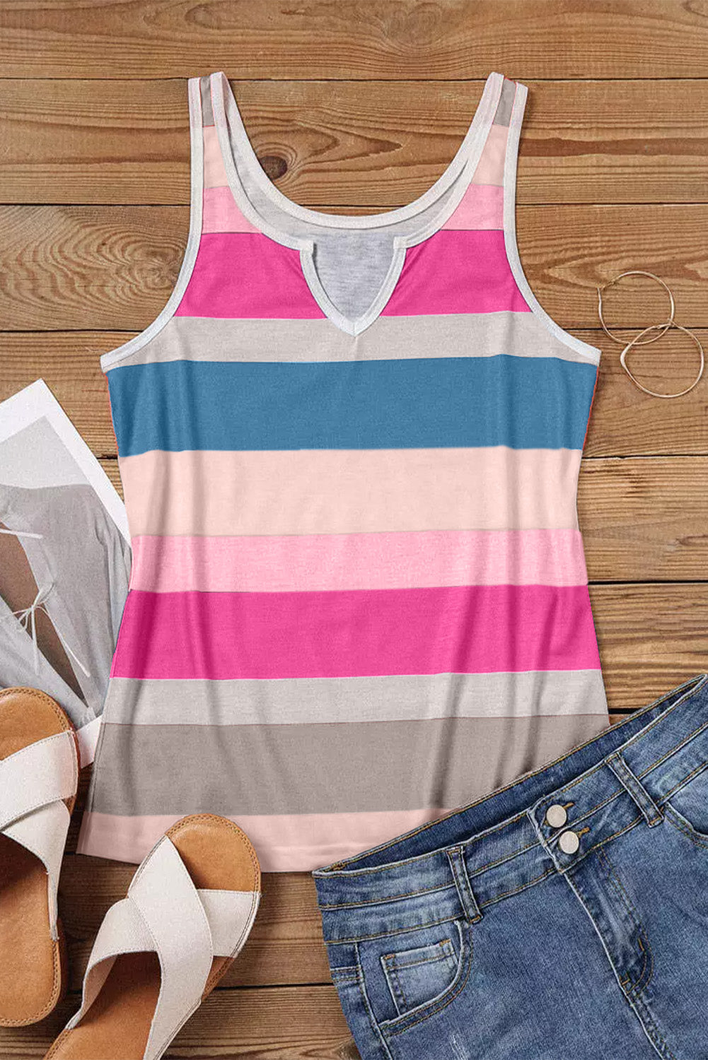 Striped Colour Block Notched Neck Tank Top | Rose