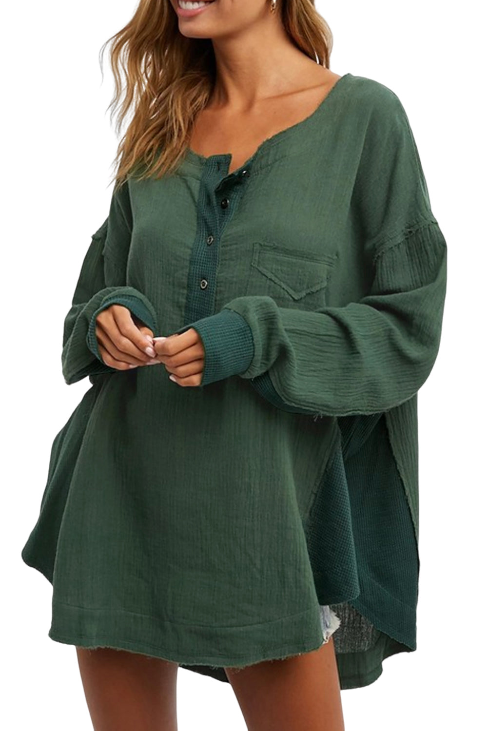 Textured Waffle Knit Patchwork Buttoned Neck Loose Blouse | Green