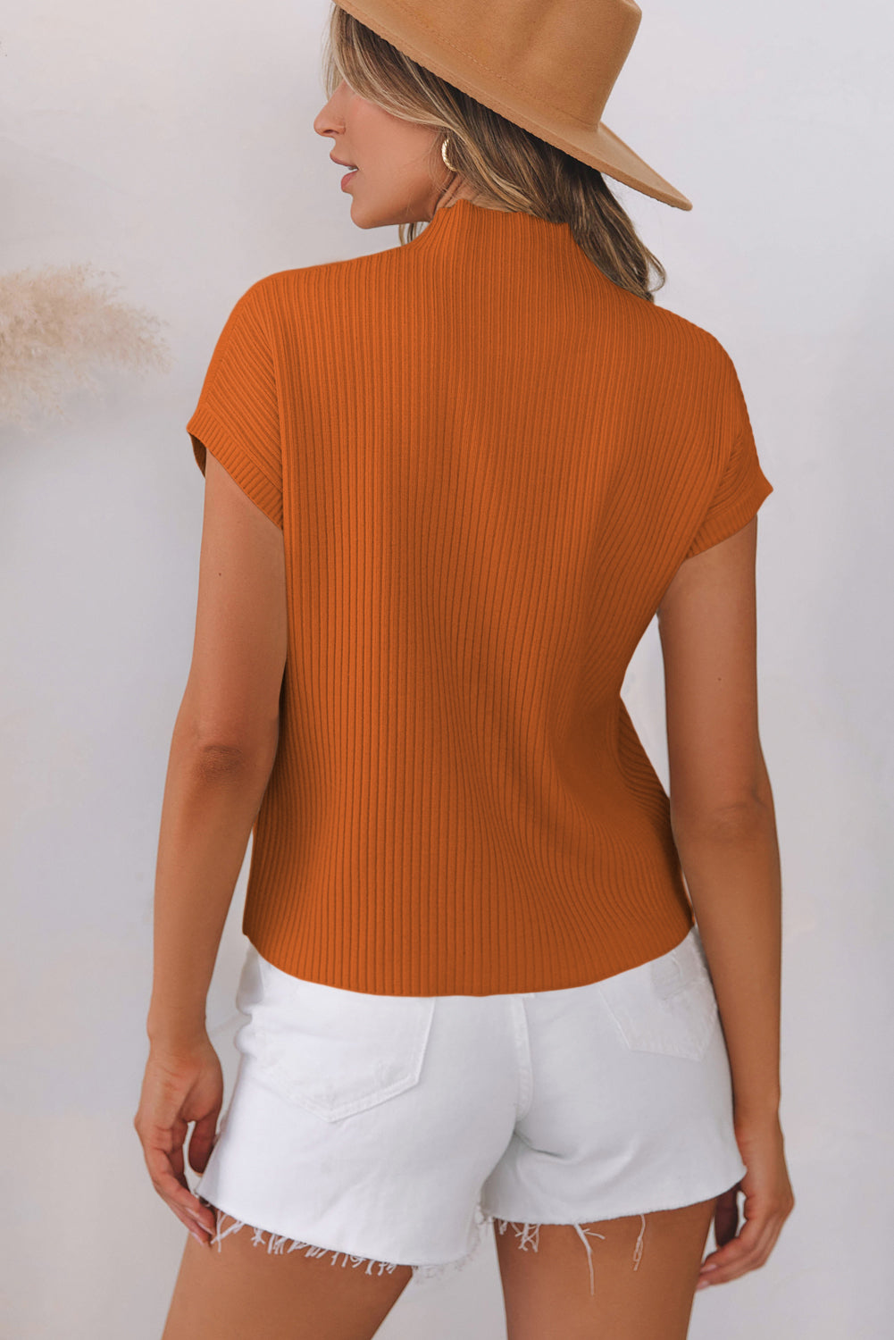 Patch Pocket Ribbed Knit Short Sleeve Sweater | Gold Flame