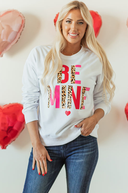 White BE MINE Leopard Heart Print Long Sleeve Sweatshirt