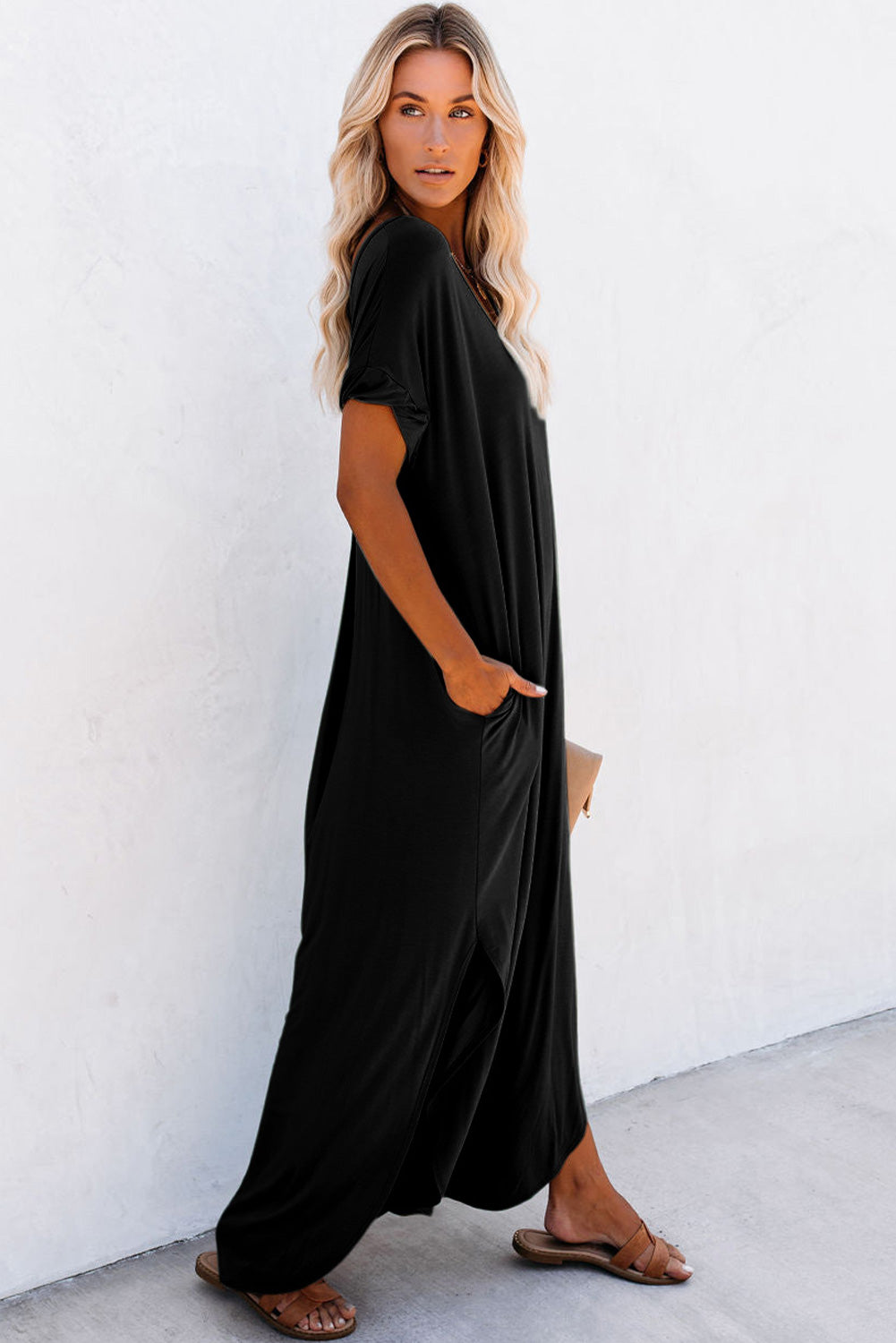 V Neck Hidden Pocket Splits Maxi T-Shirt Dress | Black