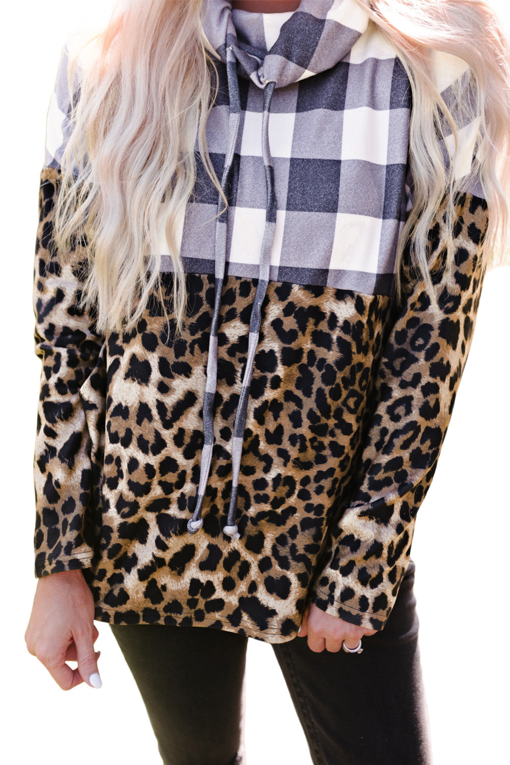 Plaid Patchwork Cowl Neck Sweatshirt | Leopard