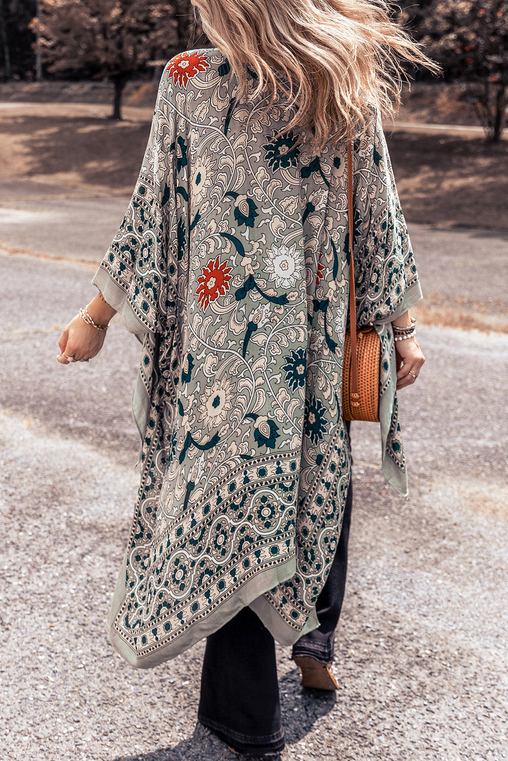 Vintage Floral Print Long Split Open Front Kimono | Green