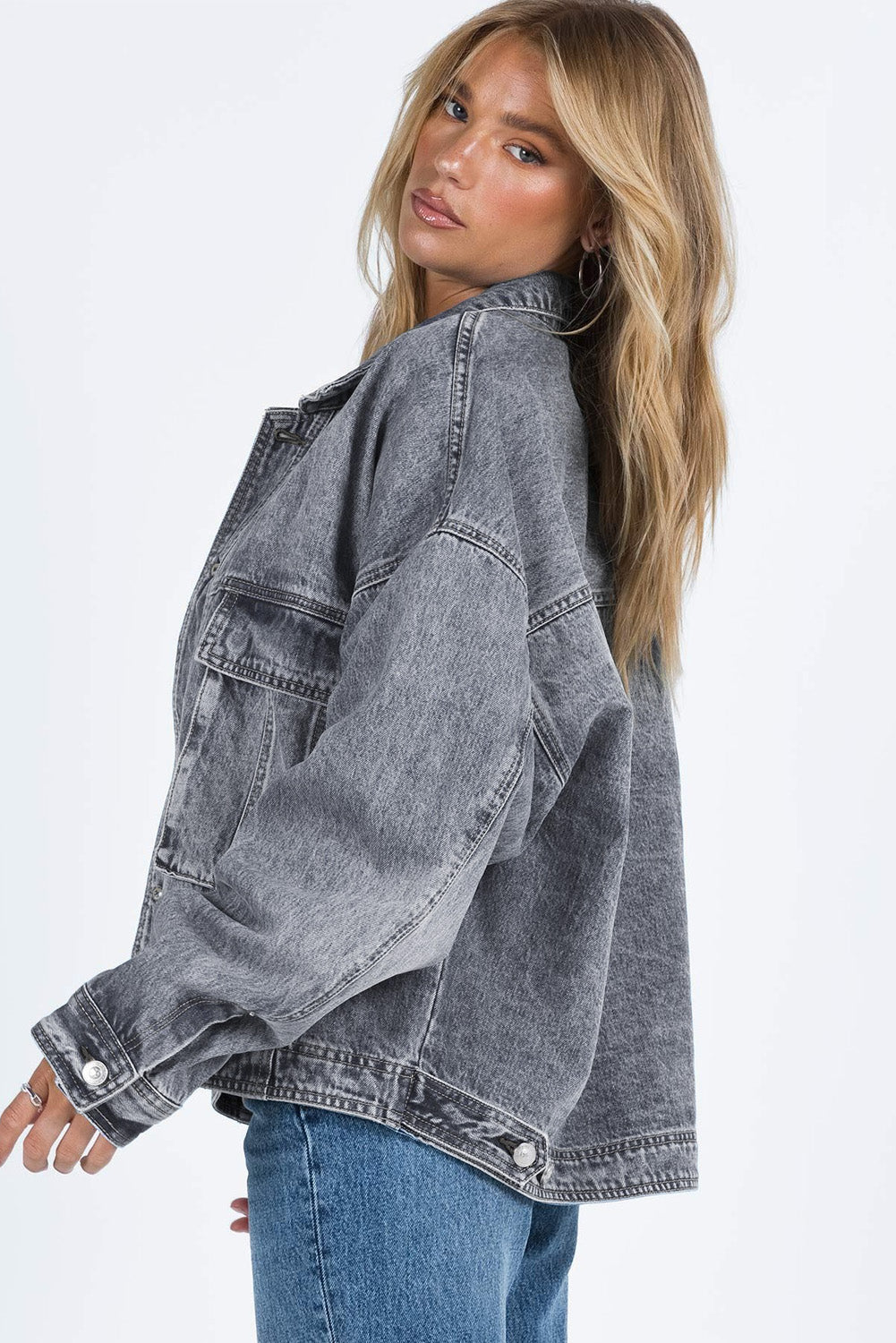 Chest Pockets Drop Shoulder Loose Denim Jacket | Gray