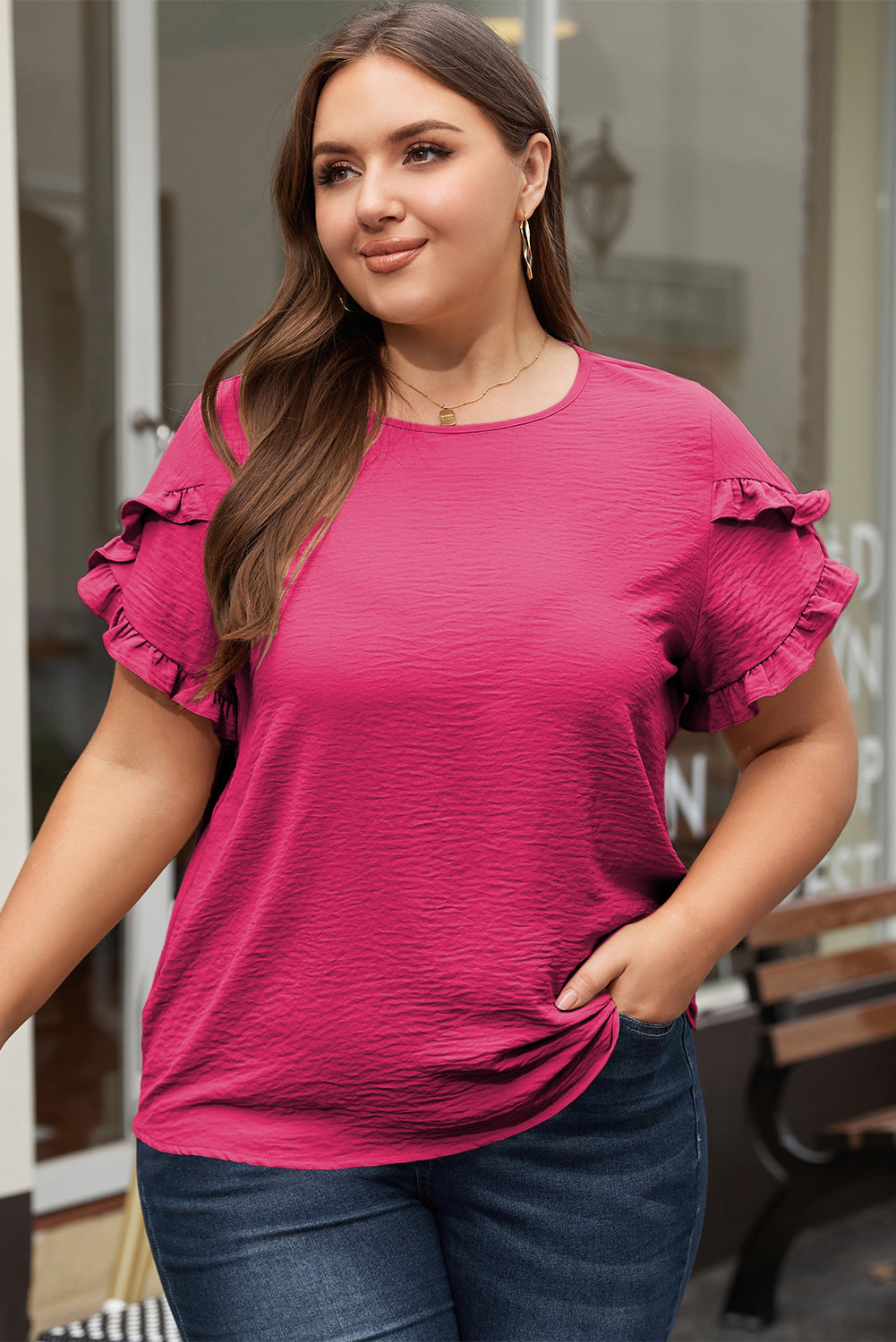 Ruffled Short Sleeve Plus Size Top | Bright Pink